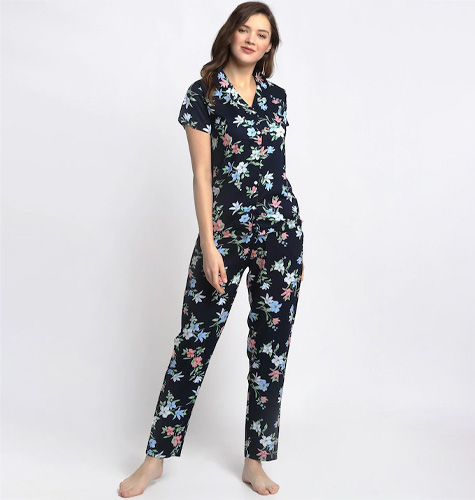 Women Navy Blue & Pink Printed Night suit